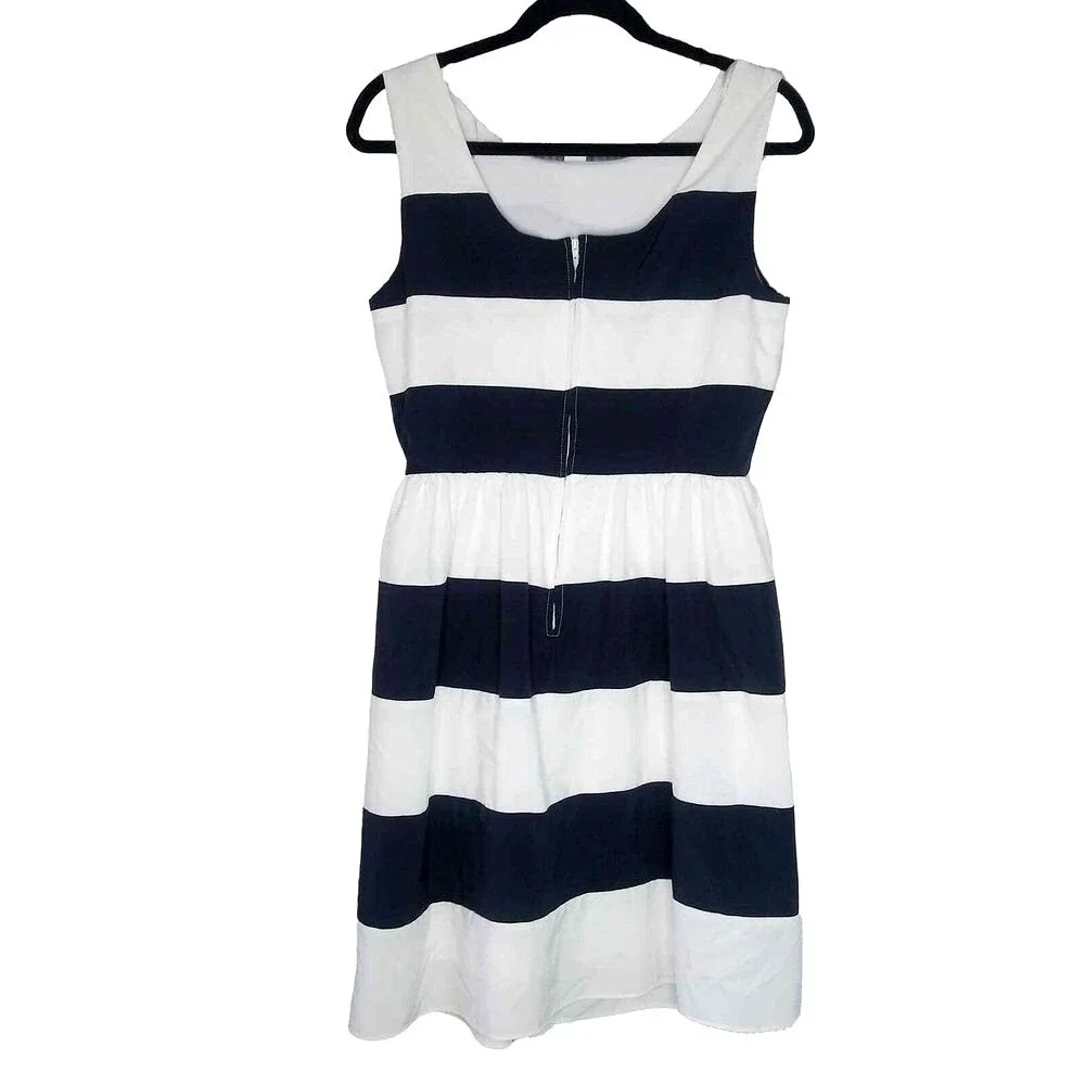 Bee Darlin Dress Womens 10 Navy White Fit Flare Nautical Striped Business Casual